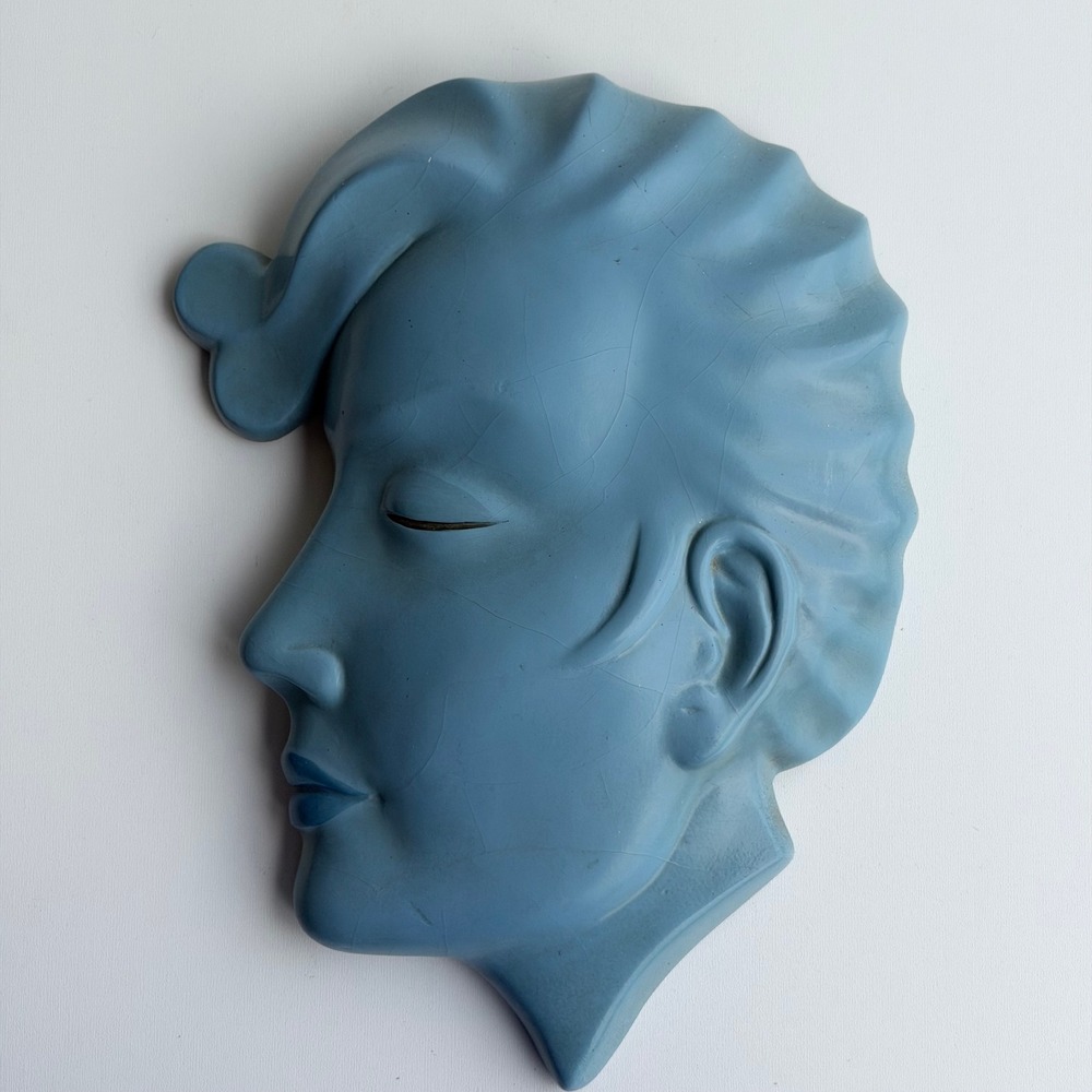 Vintage 50s Art Deco Chalkware Wall Decor Blue Man's Head Alexander Backer ABCO